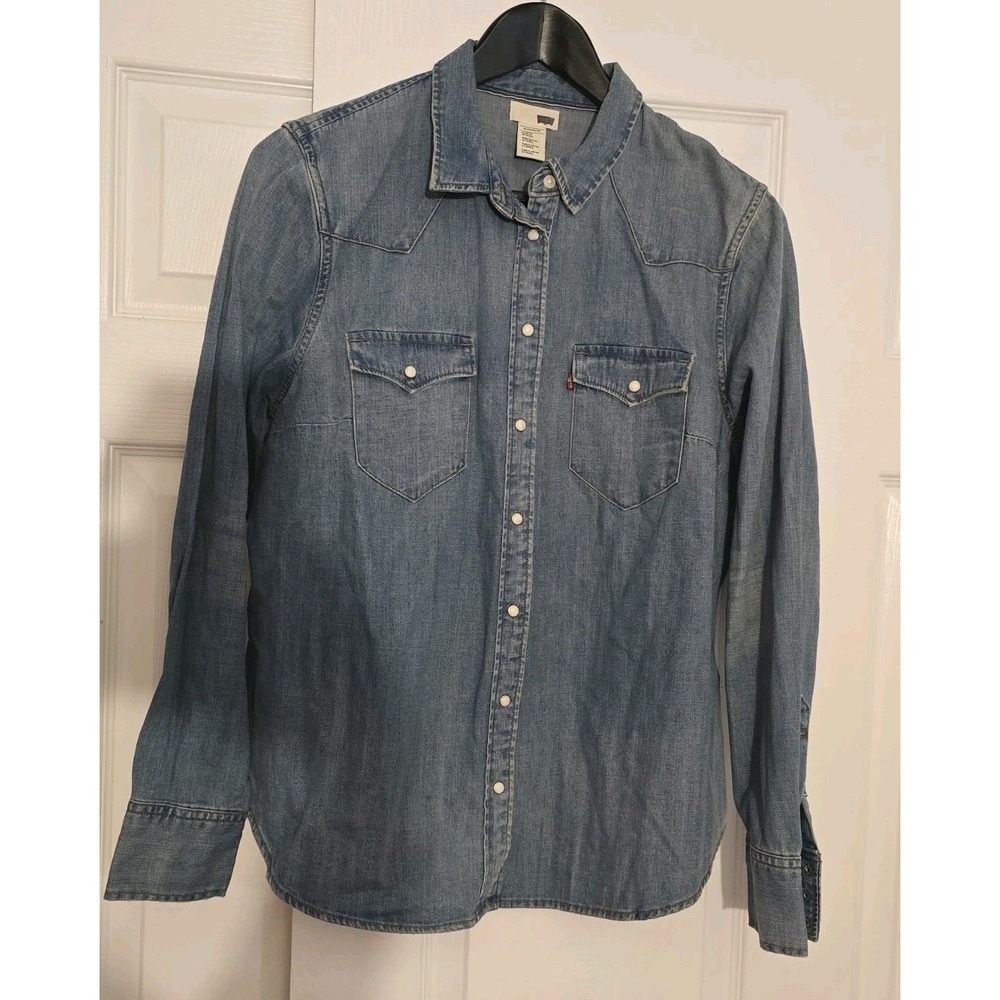 Levis Western Pearl Snap Denim‎ Shirt Mens XL Blue 100% Cotton Long Sleeve